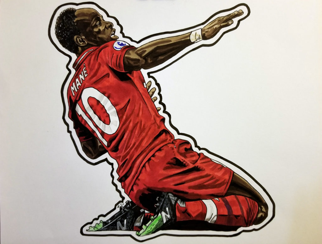 Sadio Mané sliding goal celebration; pen and ink drawing with red highlights