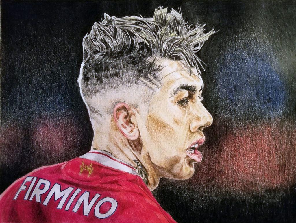 Side view portrait of Roberto Firmino wearing a Liverpool FC home kit. Pencil crayon drawing with red and black highlights.