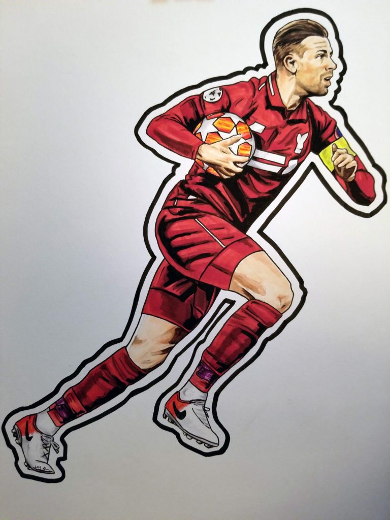 Jordan Henderson carries the ball under his arm and runs up the pitch, celebration Origi's first goal against Barcelona. Pen and ink drawing with red highlights.