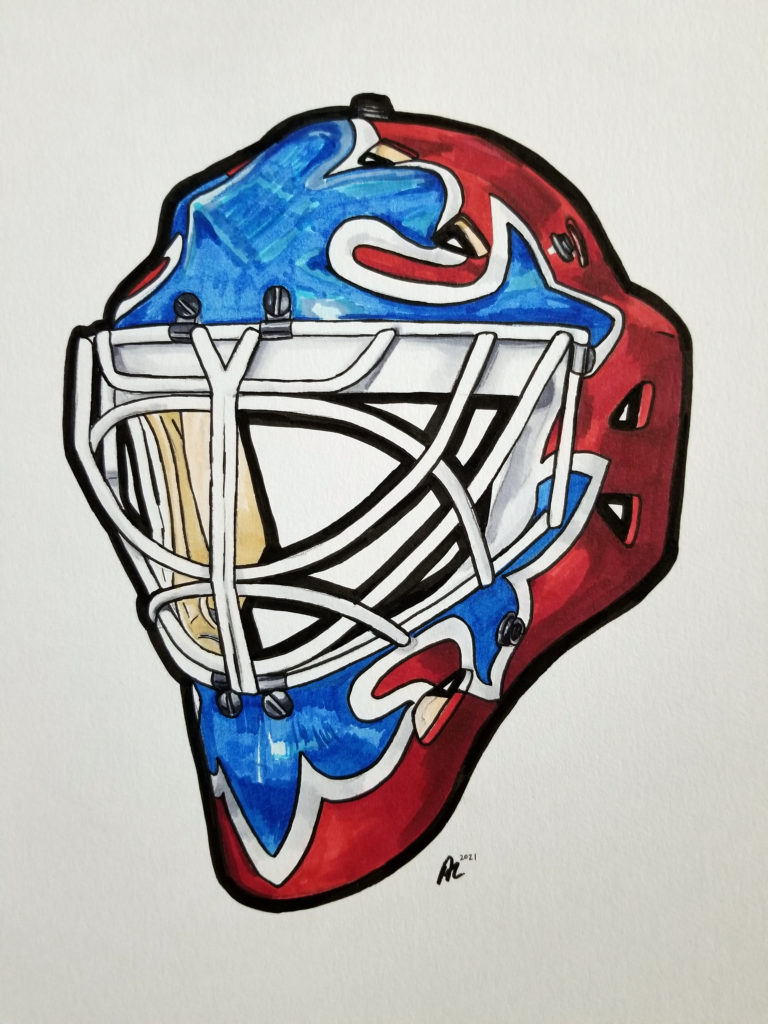Hand drawn pen and ink mask.