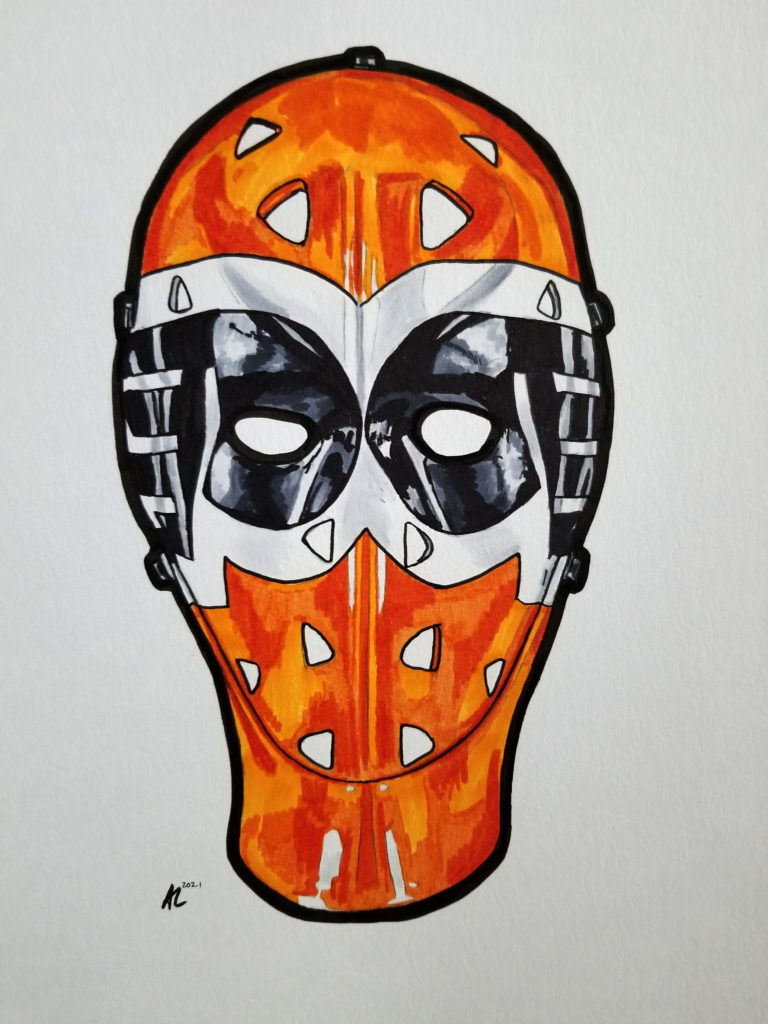 Hand drawn pen and ink mask.