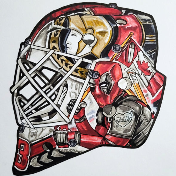 pen and ink drawing of Cam Talbot's Deadpool themed mask